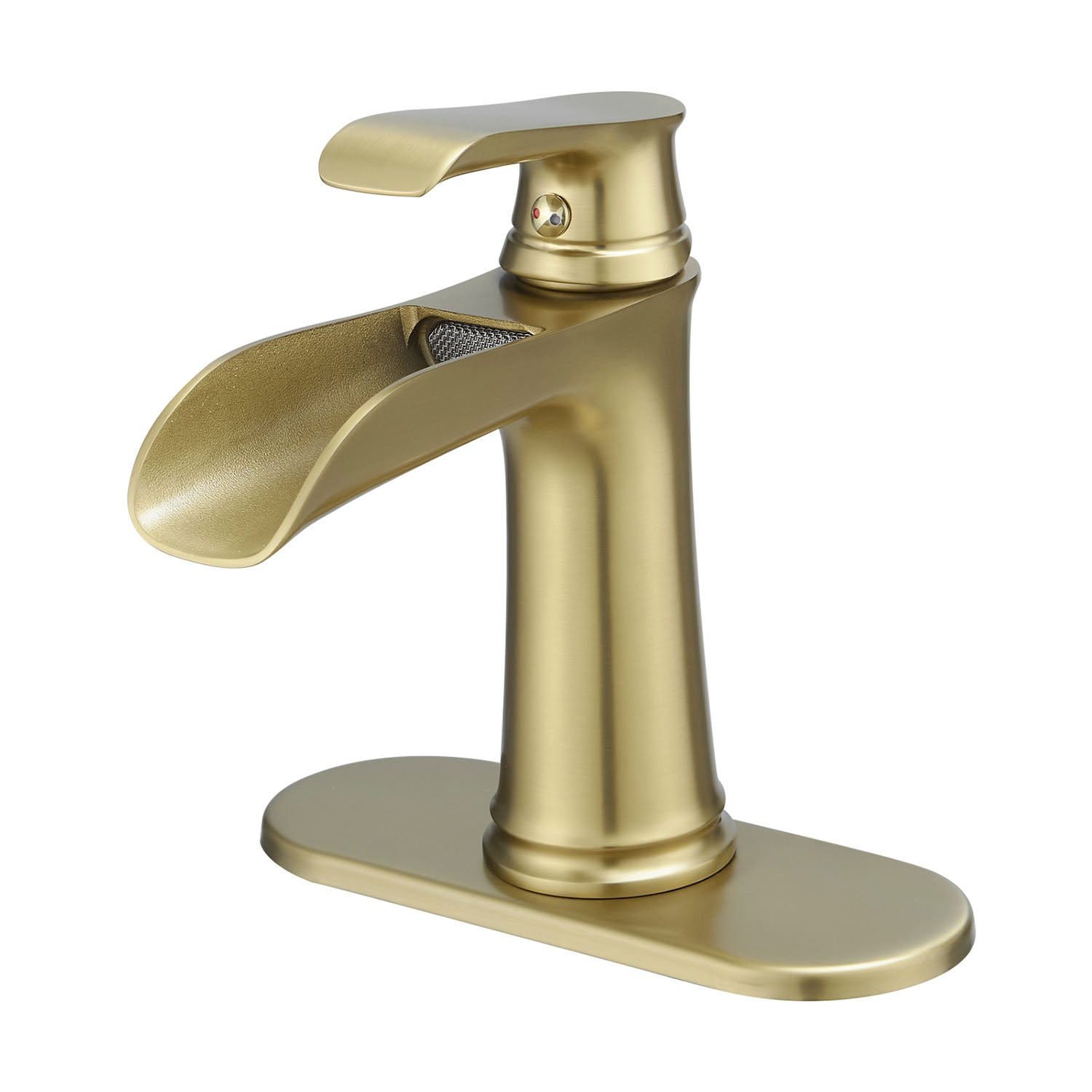 Brushed Gold Single Handle Waterfall Bathroom Faucet with Pop Up Drain and Deck Plate