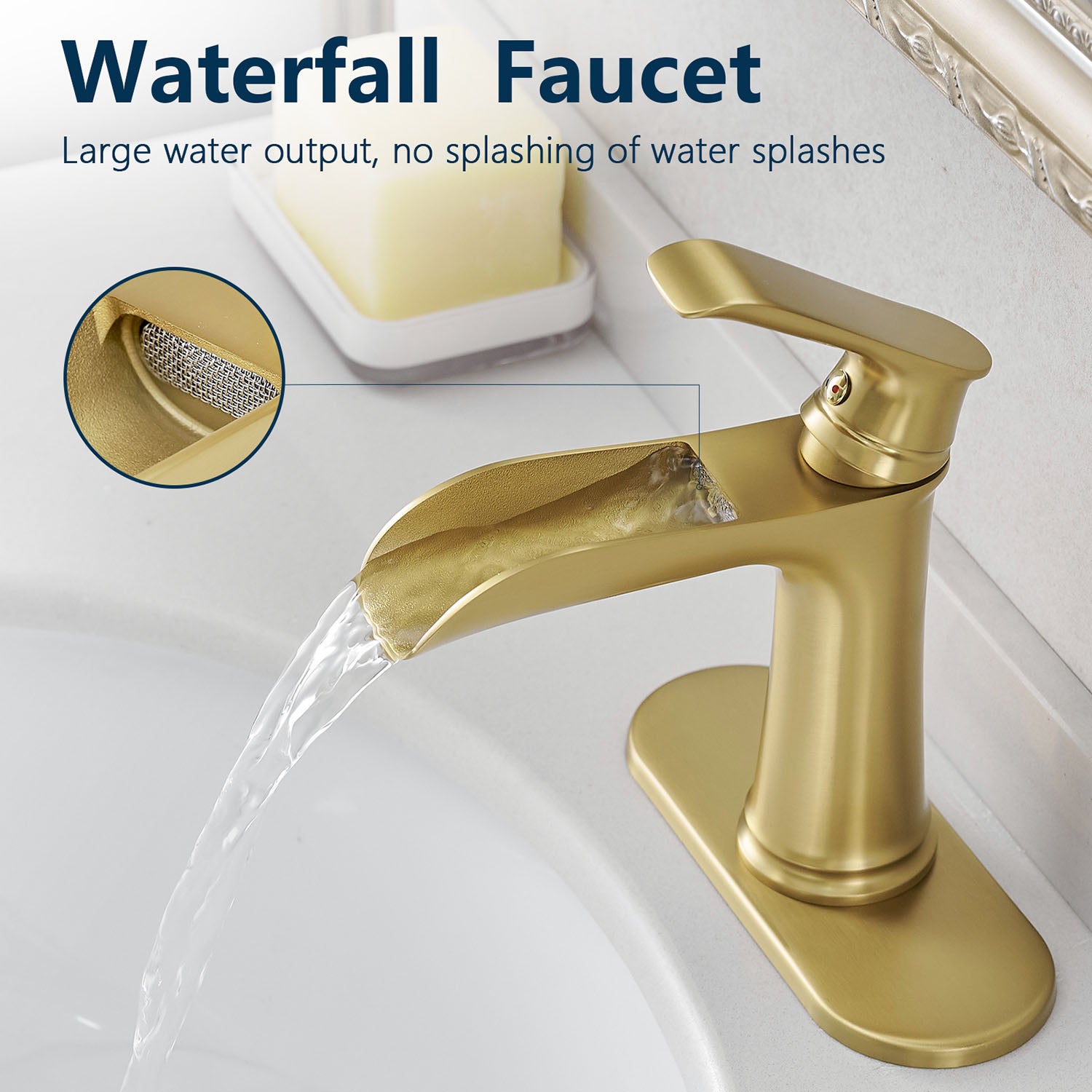 Brushed Gold Single Handle Waterfall Bathroom Faucet with Pop Up Drain and Deck Plate