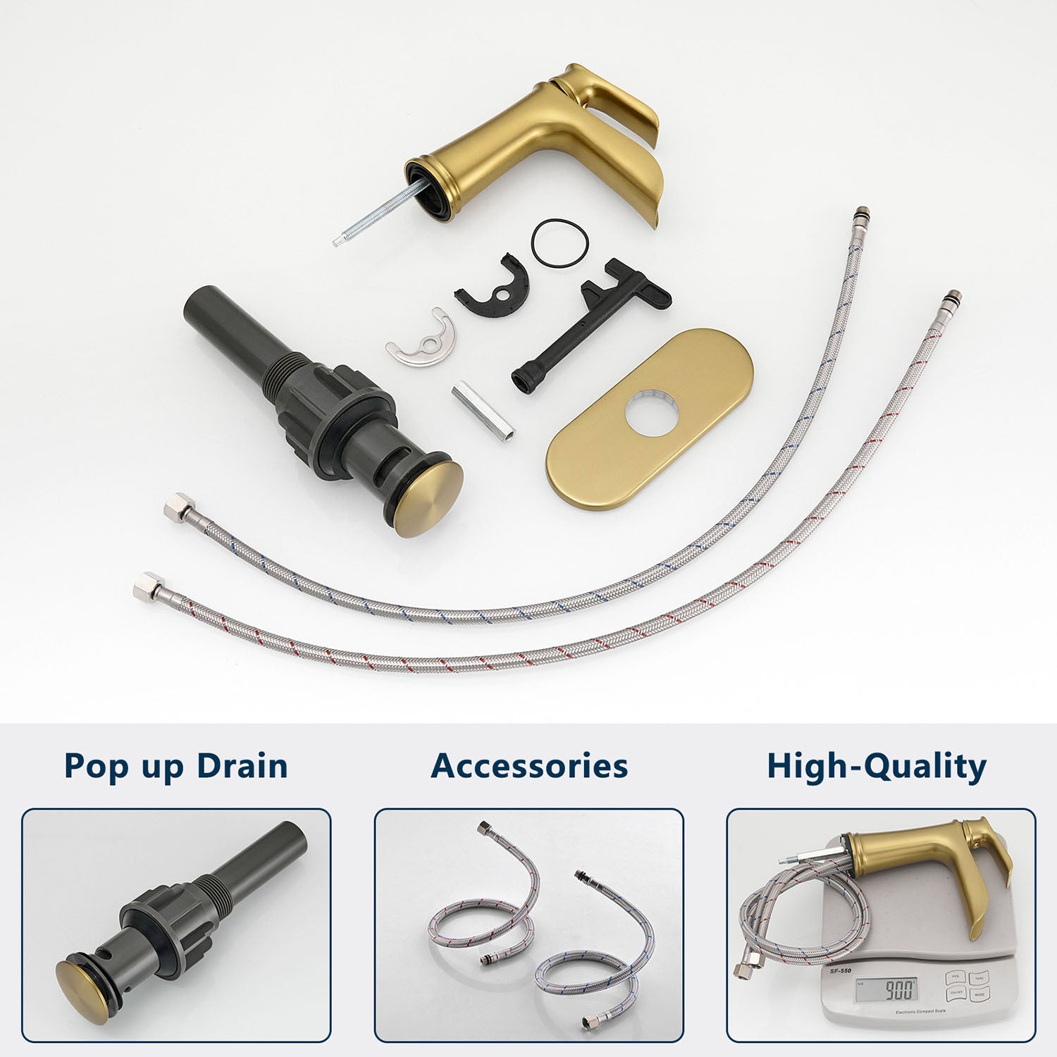 Brushed Gold Single Handle Waterfall Bathroom Faucet with Pop Up Drain and Deck Plate