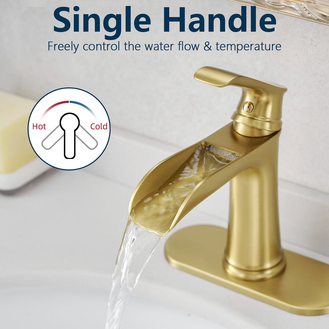 Brushed Gold Single Handle Waterfall Bathroom Faucet with Pop Up Drain and Deck Plate