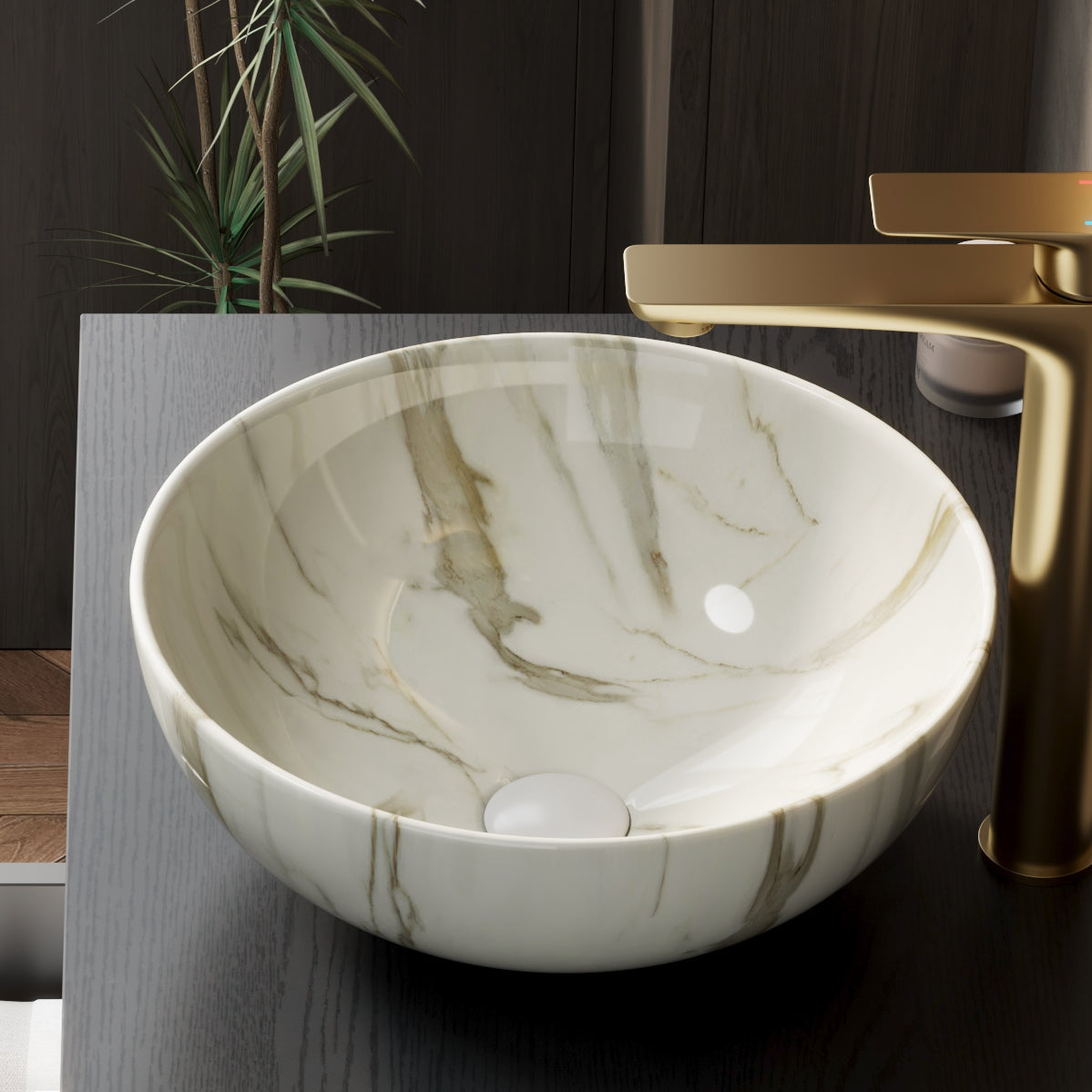14 White Ceramic Bowl Above-Counter Vessel Sink with Stone Pattern detailed marble-like stone texture
