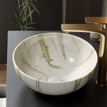 14 White Ceramic Bowl Above-Counter Vessel Sink with Stone Pattern detailed marble-like stone texture