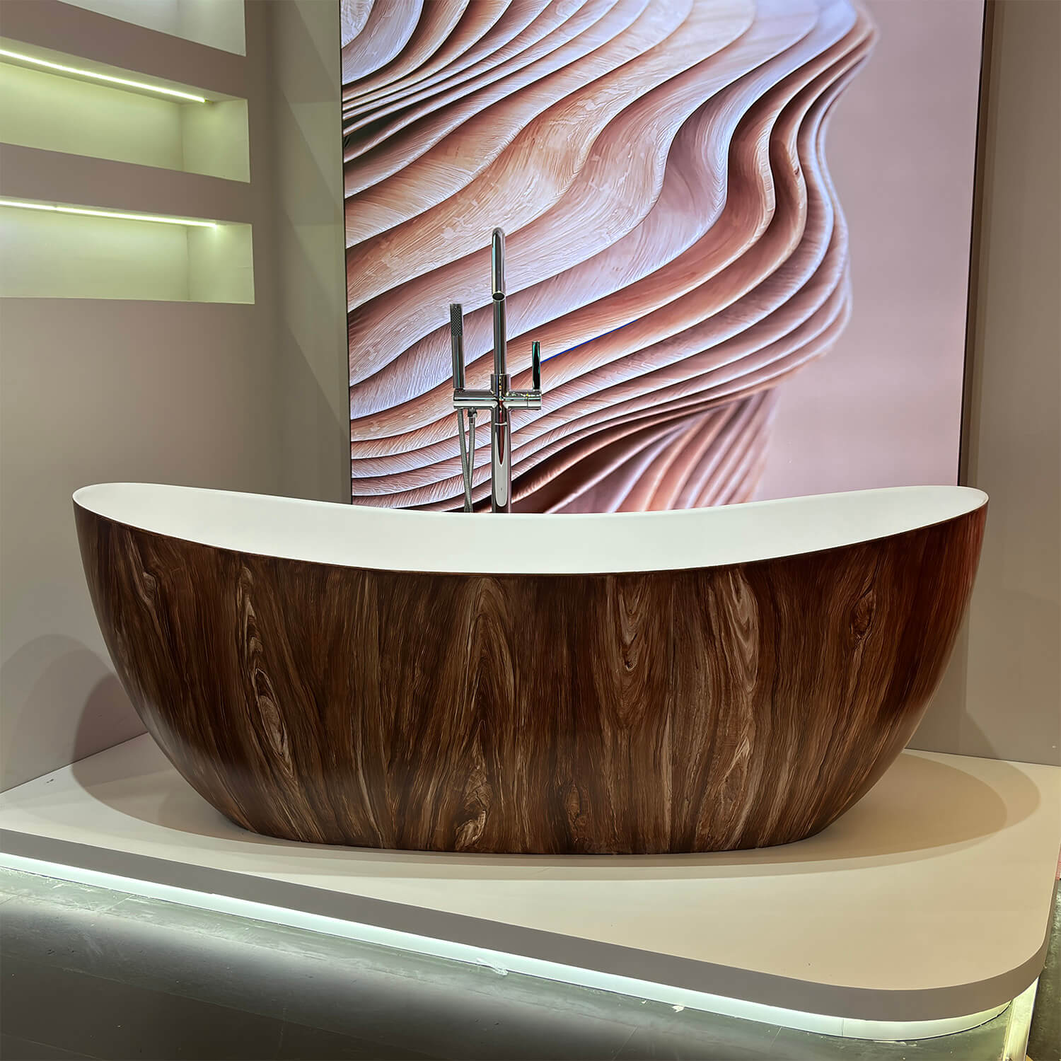 67" Brown Wood Grain Double Slipper Solid Surface Freestanding Soaking Tub