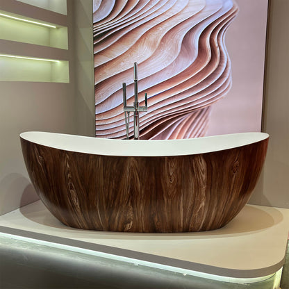 67" Brown Wood Grain Double Slipper Solid Surface Freestanding Soaking Tub