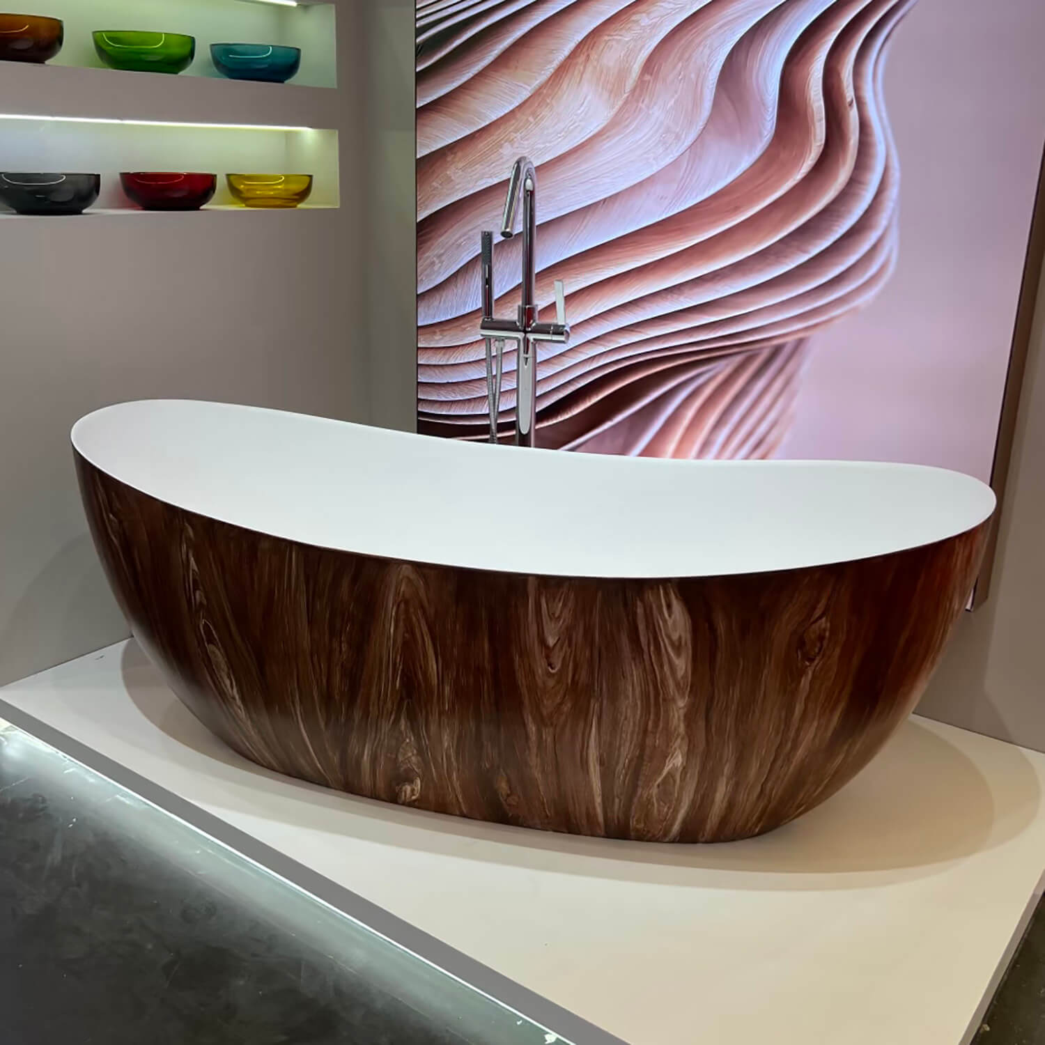 67" Brown Wood Grain Double Slipper Solid Surface Freestanding Soaking Tub