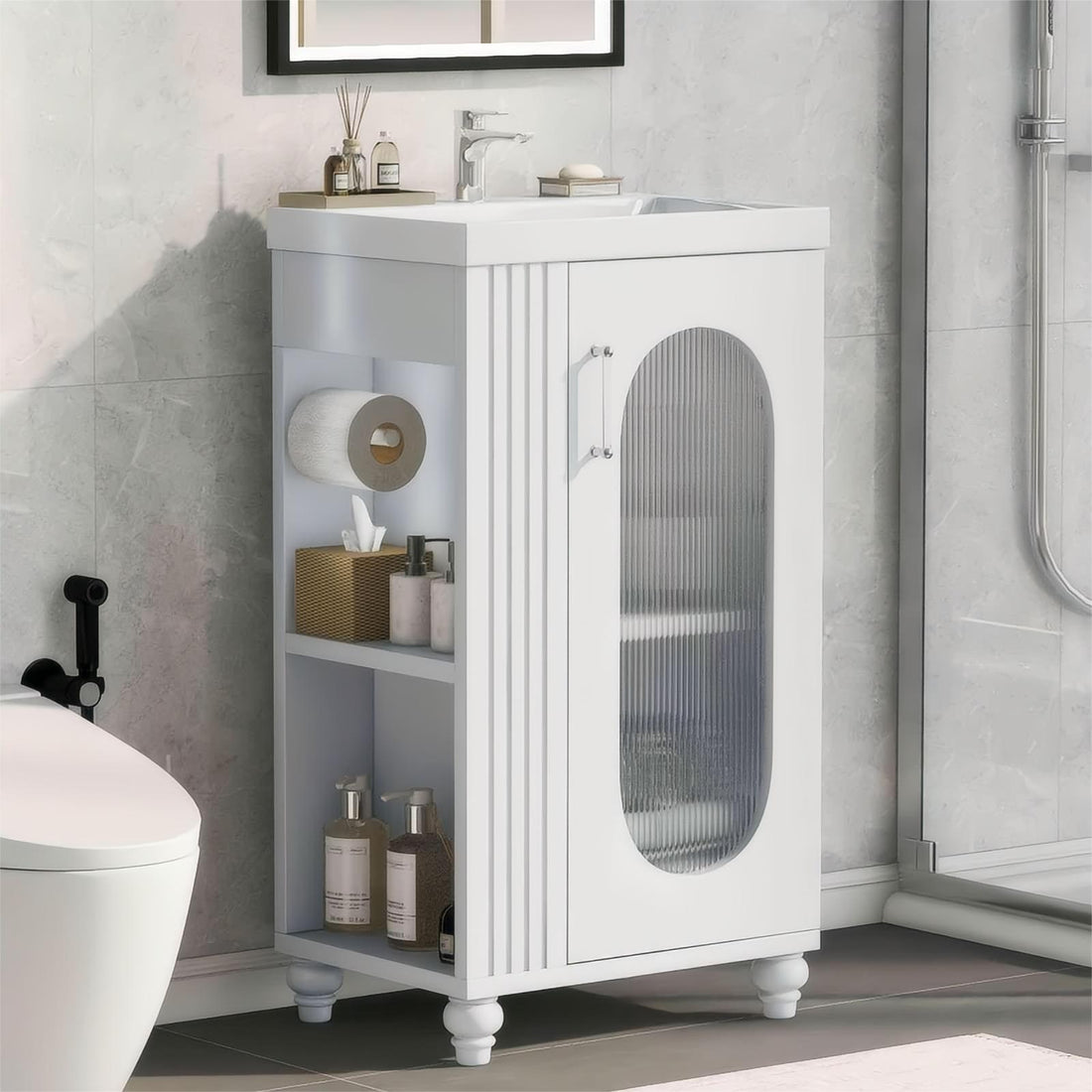20&quot; White Bathroom Vanity with Sink, Two-Tier Shelf &amp; Adjustable Solid Wood Cabinet