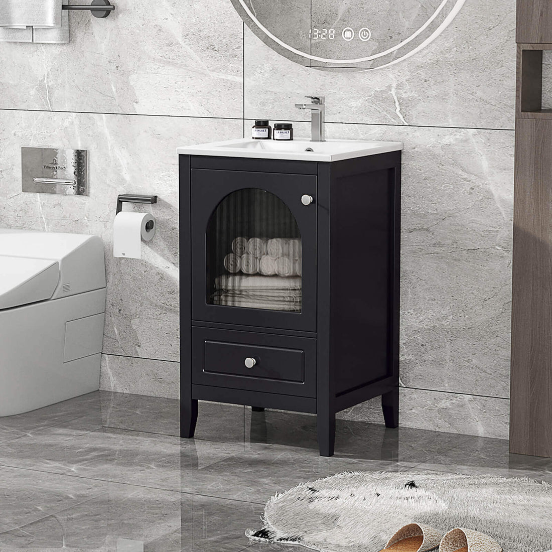20 inch Black Bathroom Vanity with Clear Glass Door