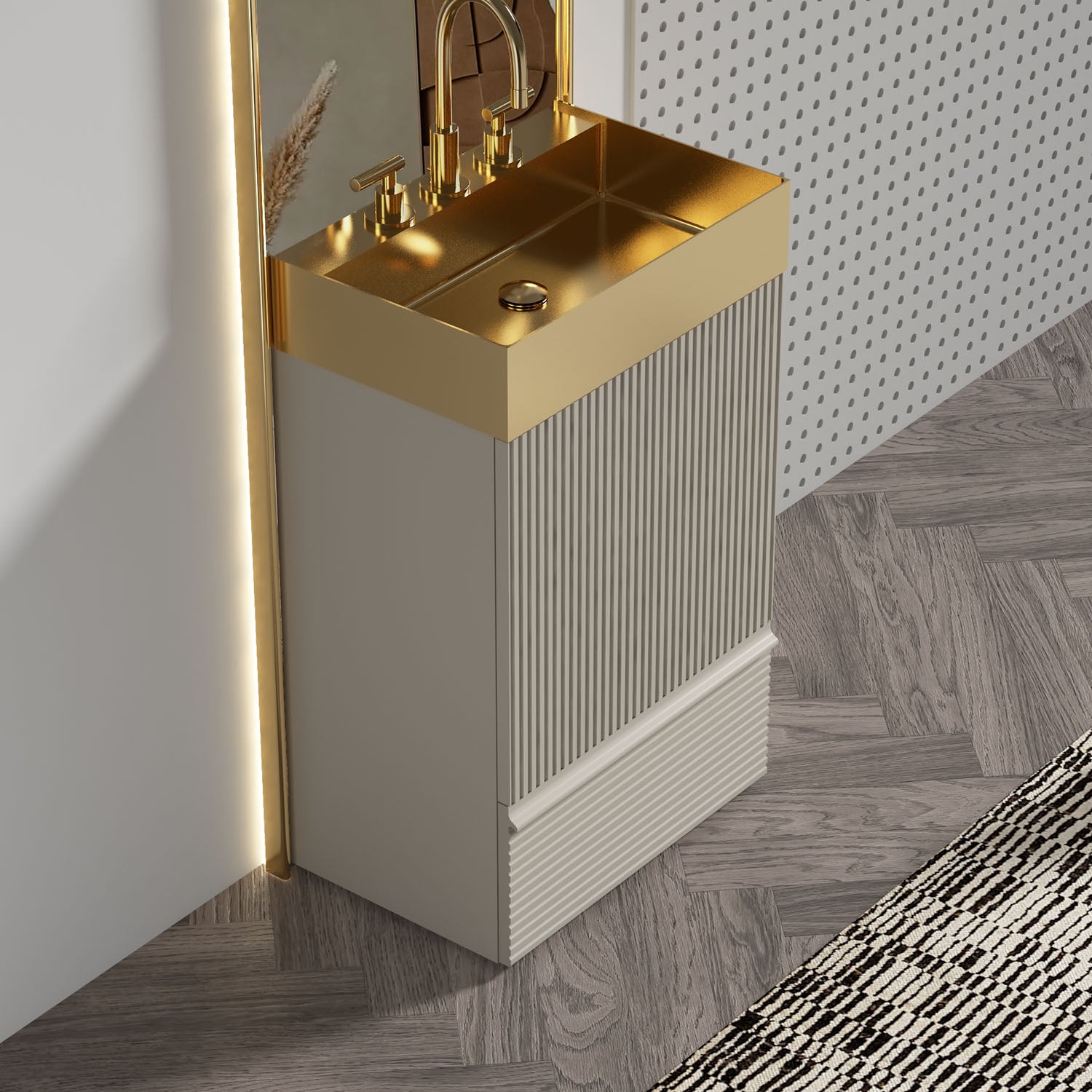 20 inch Compact Fluted Gray Freestanding Bathroom Vanity with Brushed Gold Sink