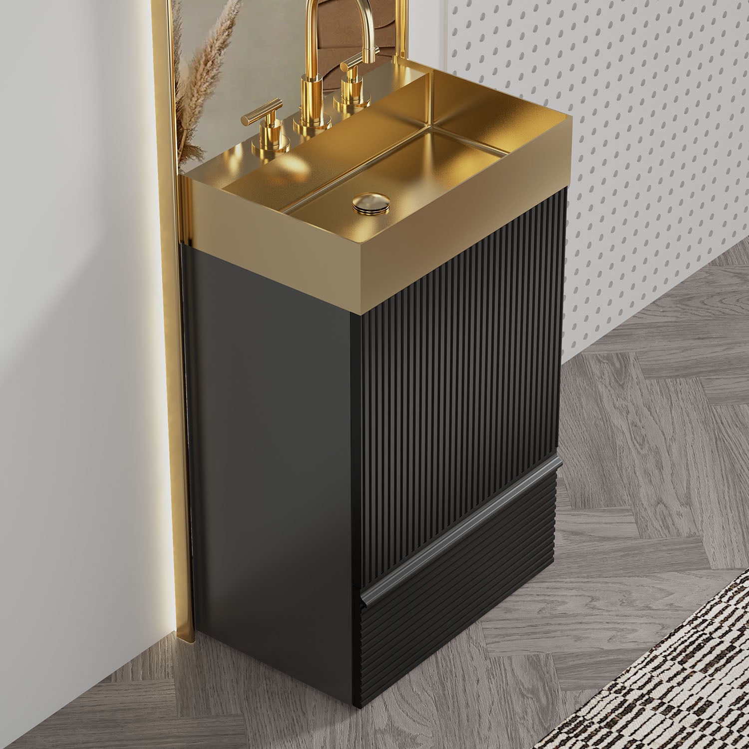 20 inch Fluted Black Freestanding Bathroom Vanity with Brushed Gold Sink