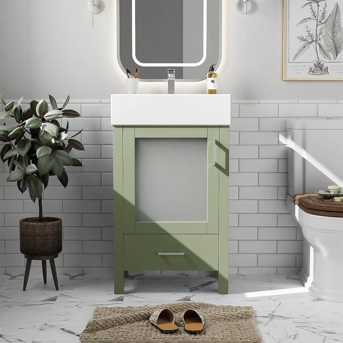 20 inch Green Vanity with Frosted Glass Door