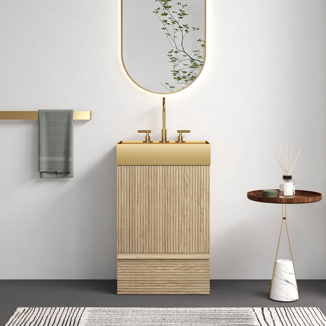 20 inch Striped White Oak Bathroom Vanity with Brushed Gold Sink