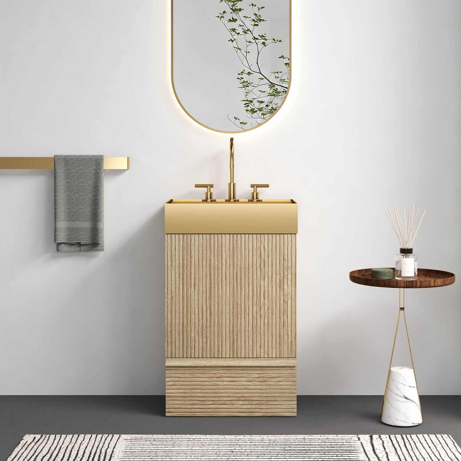 20 inch Striped White Oak Bathroom Vanity with Brushed Gold Sink
