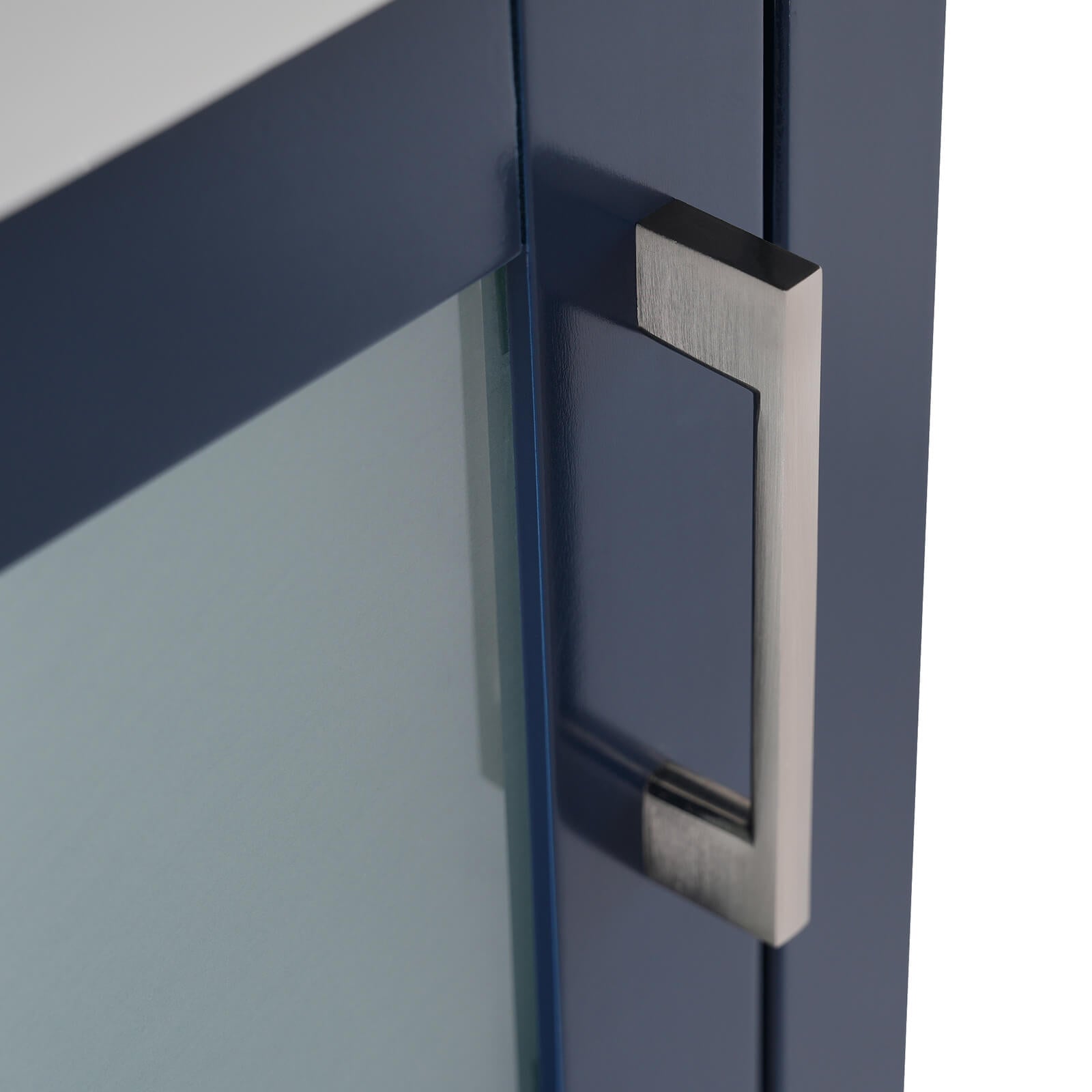 20 inch blue dresser with frosted glass door handle detail