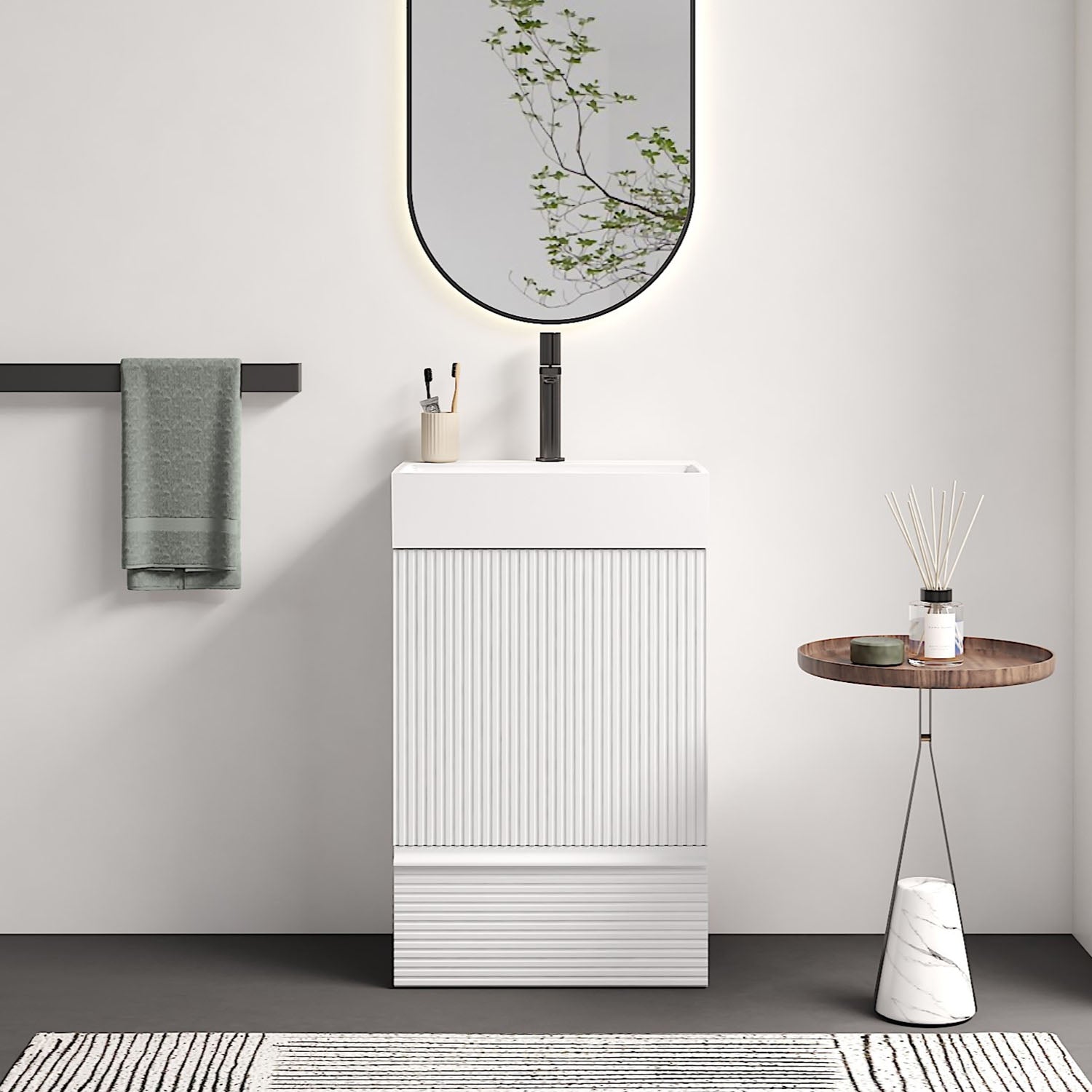 20 inch fluted white bathroom vanity with ceramic sink modern freestanding cabinet