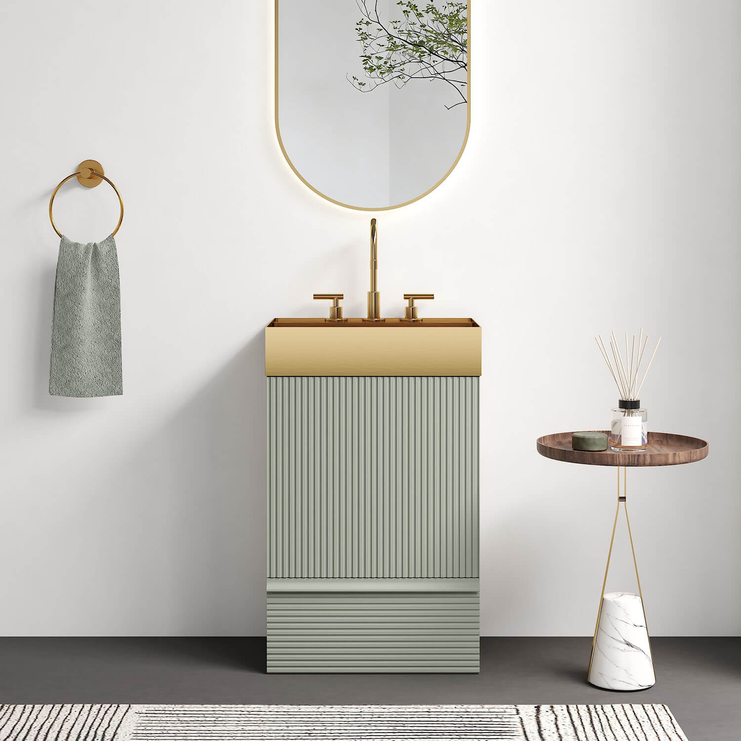 20 inch striped green bathroom vanity with brushed gold stainless steel sink modern design