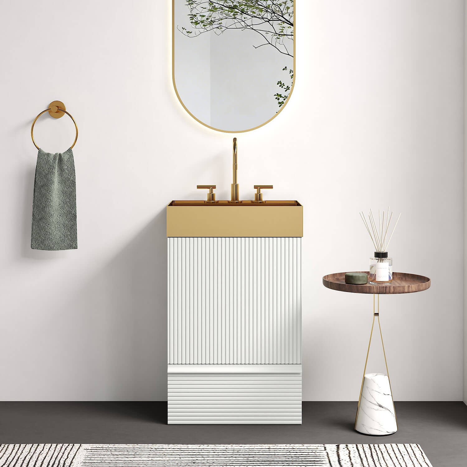 20 inch striped white bathroom vanity with brushed gold metal sink