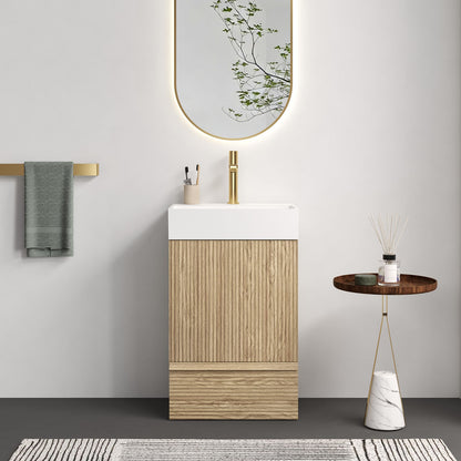 20 inch white oak fluted bathroom vanity with ceramic sink handleless design