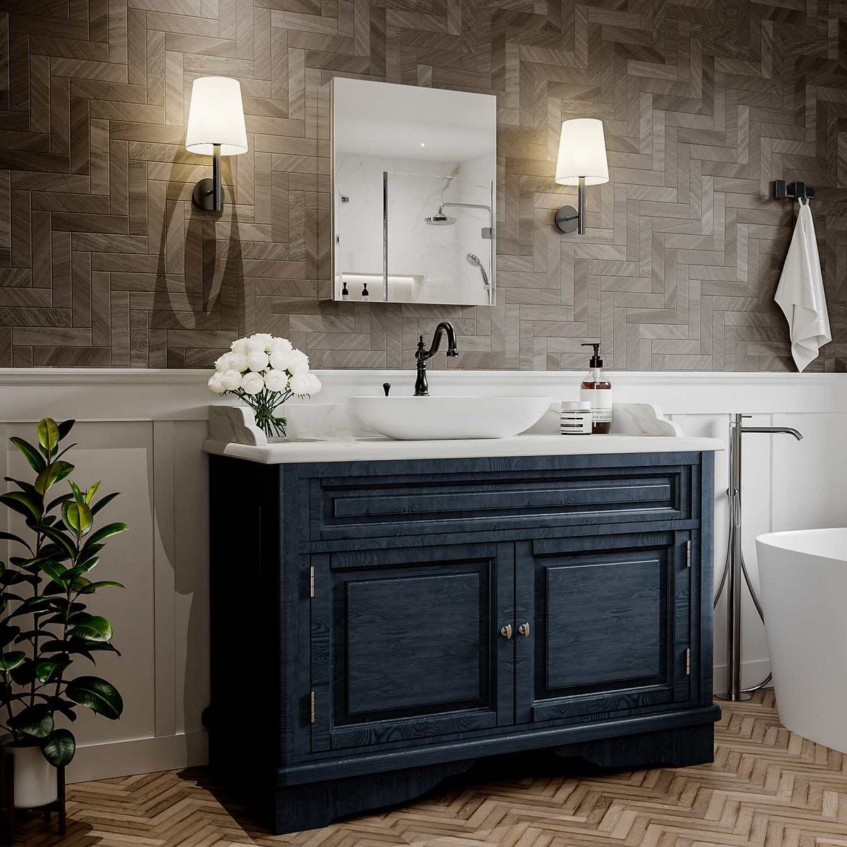 20 x 24-inch mirrored medicine cabinet above a blue bathroom vanity.