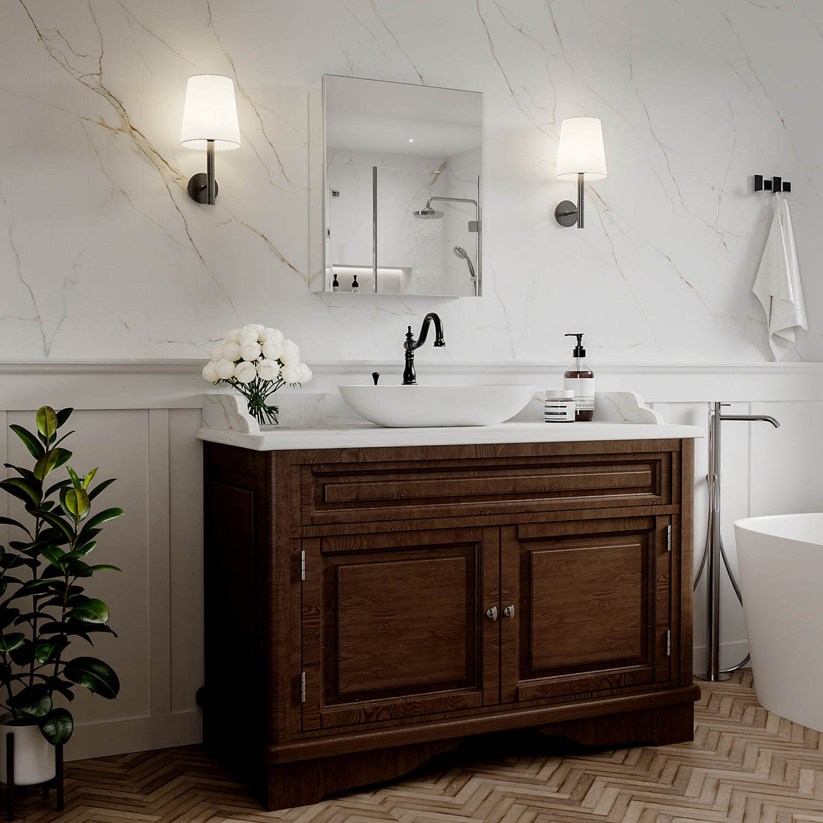 20 x 24-inch mirrored medicine cabinet above a brown bathroom vanity.