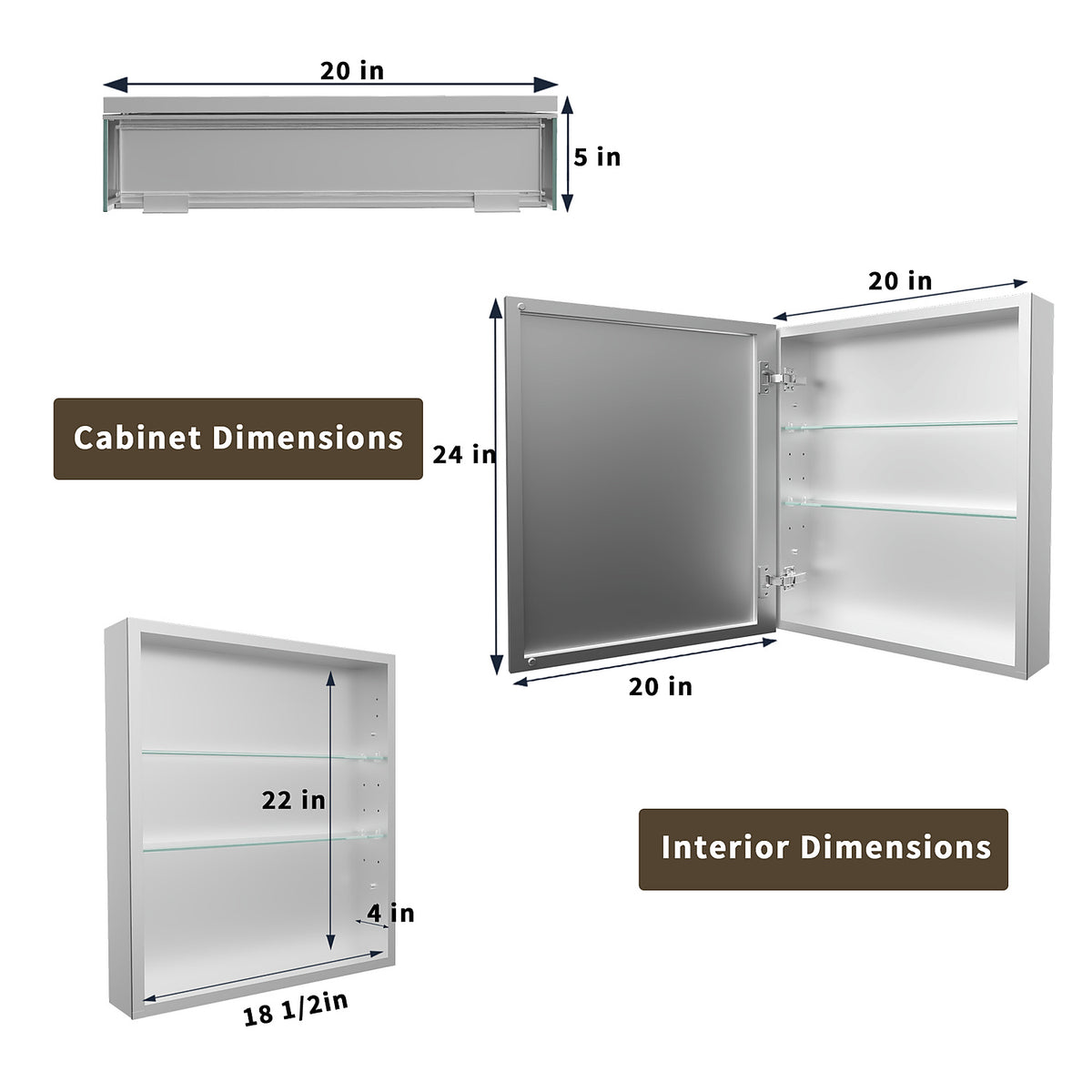 20 x 24-inch medicine cabinet showing exterior and interior dimensions.