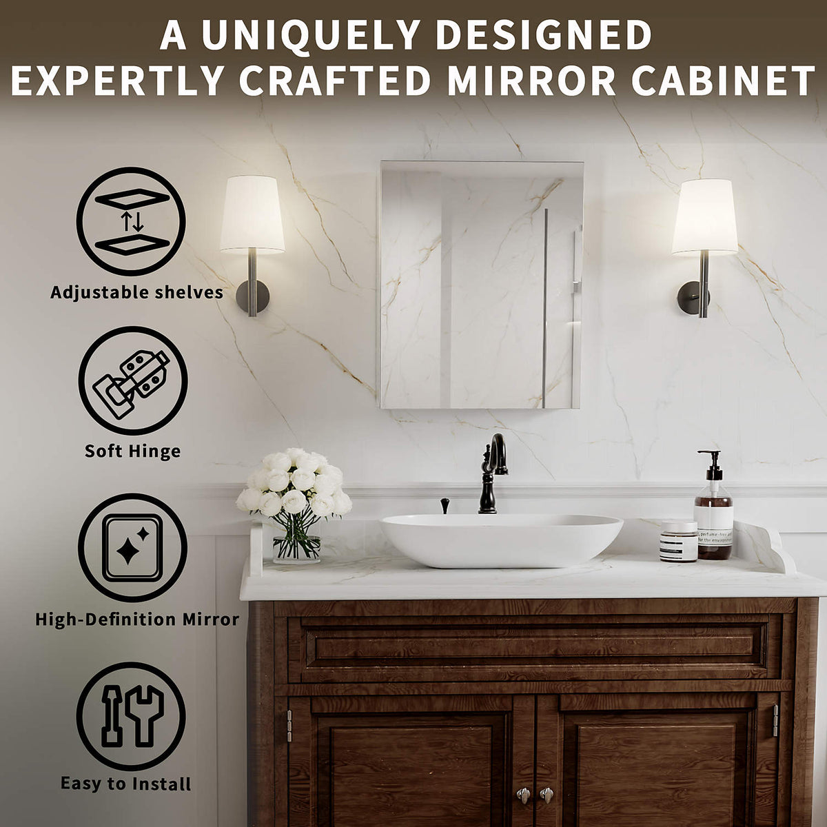 20 x 24-inch mirror cabinet highlighting adjustable shelves and soft-close hinges.