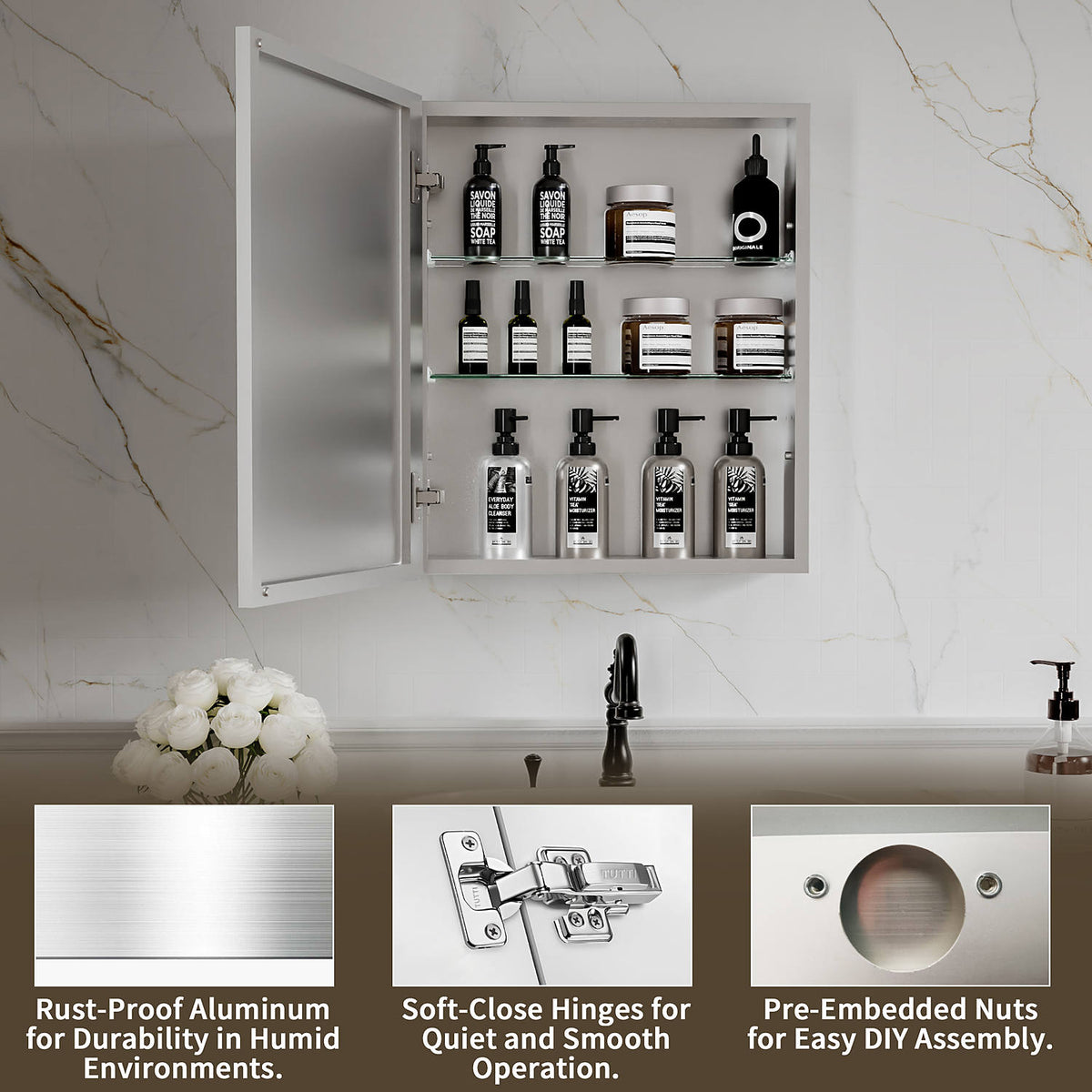 20 x 24-inch medicine cabinet with open doors, shelves and toiletries.