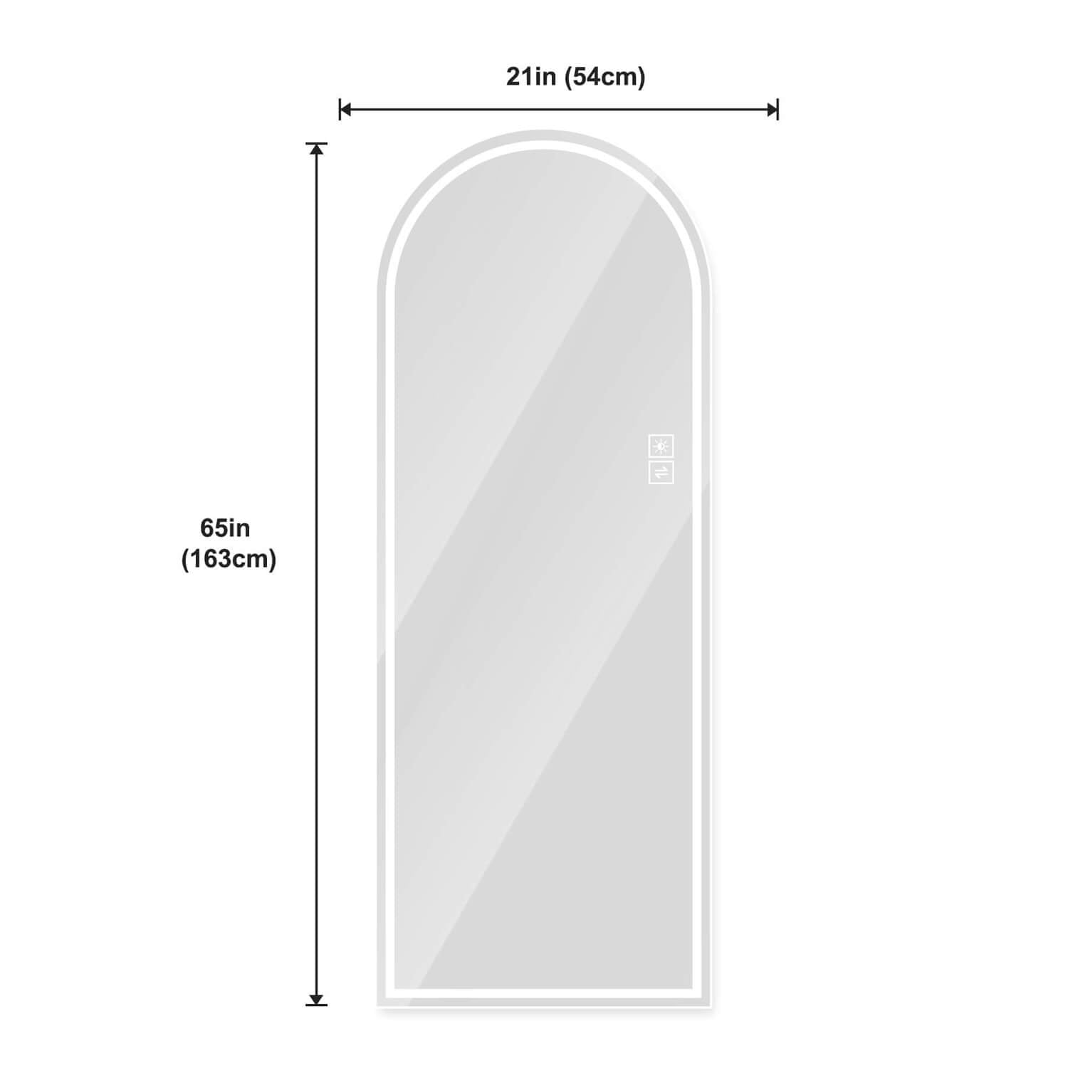21 x 65 inches arched LED mirror dimension view