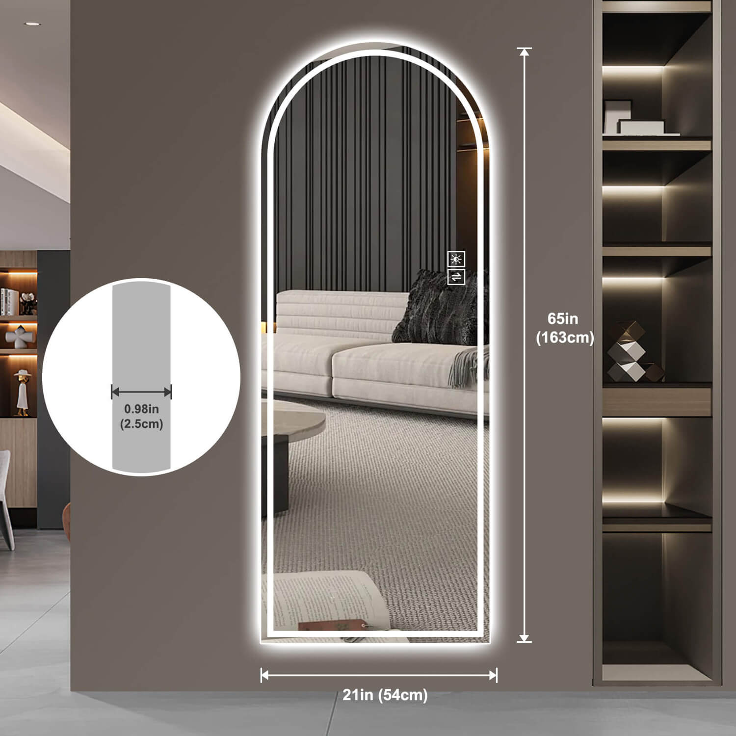 21 x 65 inches arched LED mirror with 0.98 inch thickness