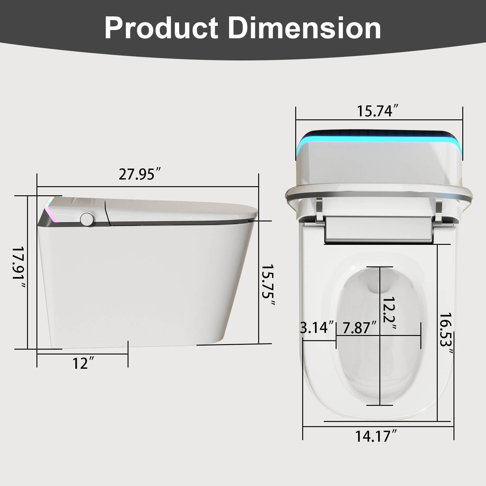 Dimensional diagram of modern silent flushing smart toilet