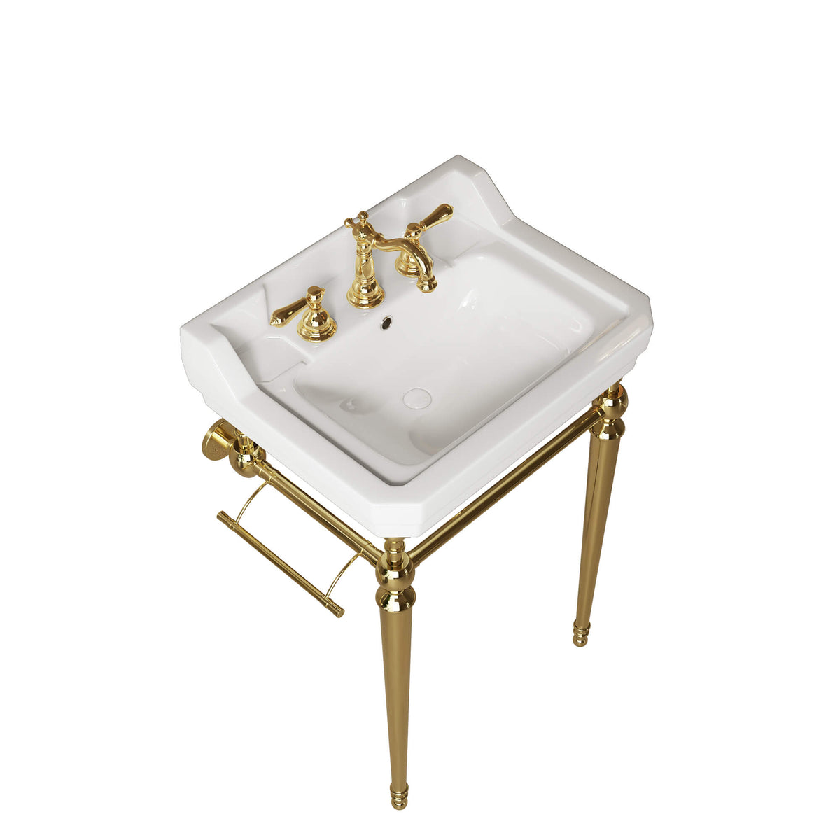 Angled view of a 23-inch white ceramic console sink with gold legs and towel bars on a white background.