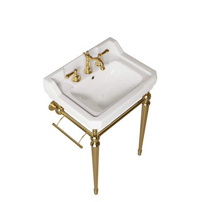 Angled view of a 23-inch white ceramic console sink with gold legs and towel bars on a white background.