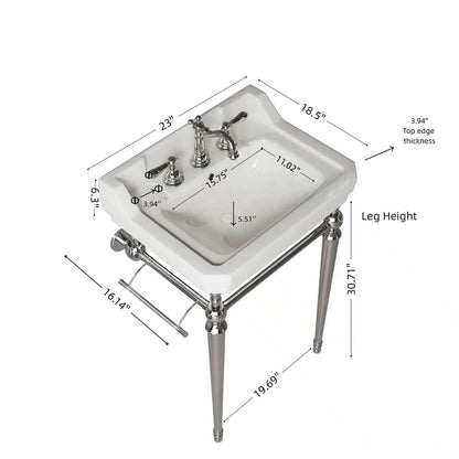 Dimension diagram of a 23-inch white ceramic console sink with chrome legs, showing sink width, depth, basin measurements and leg height.