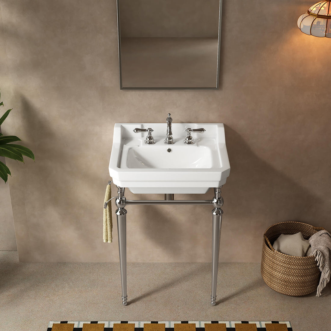 Front bathroom view of a 23-inch white ceramic console sink with chrome legs and a side towel bar beneath a rectangular mirror.