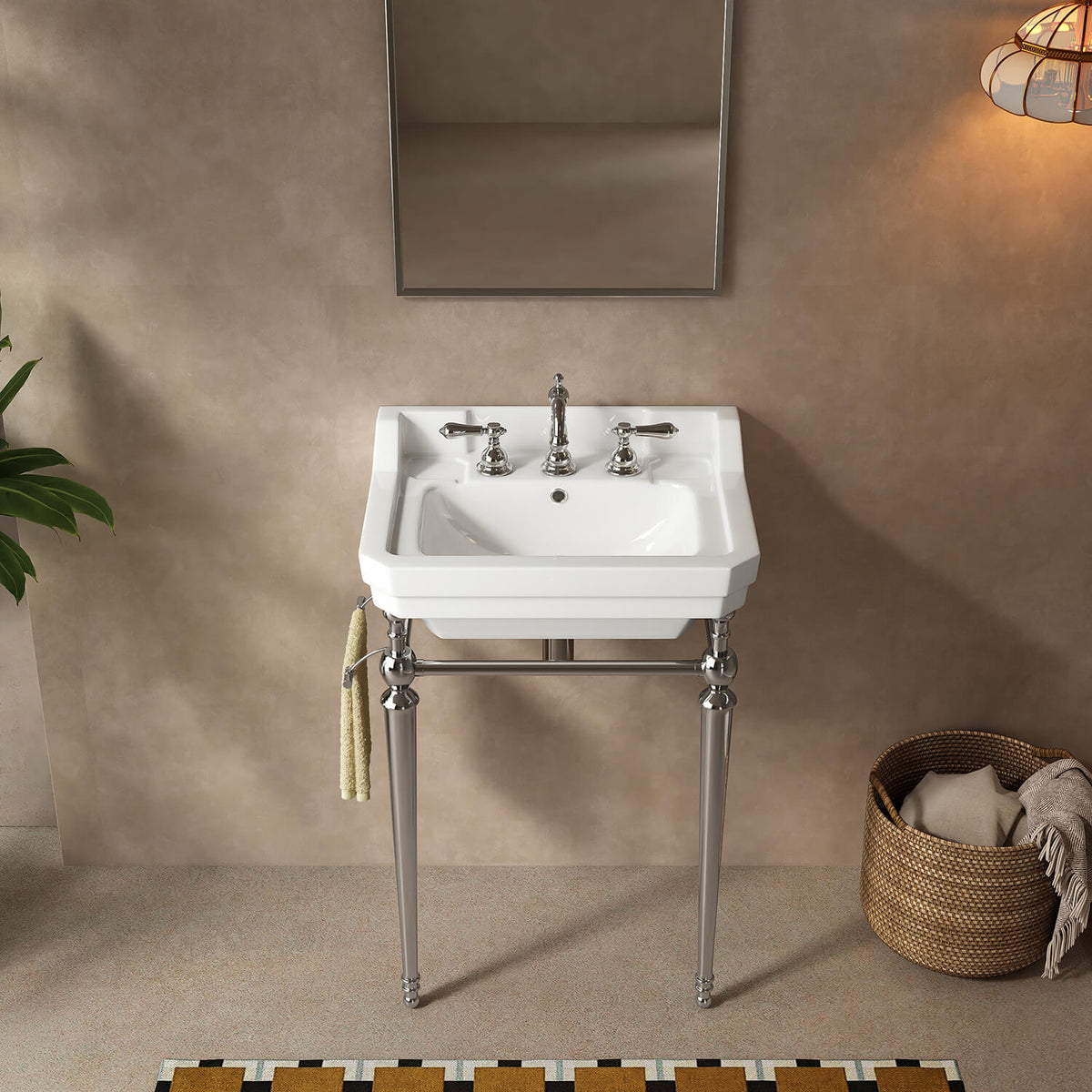 Front bathroom view of a 23-inch white ceramic console sink with chrome legs and a side towel bar beneath a rectangular mirror.