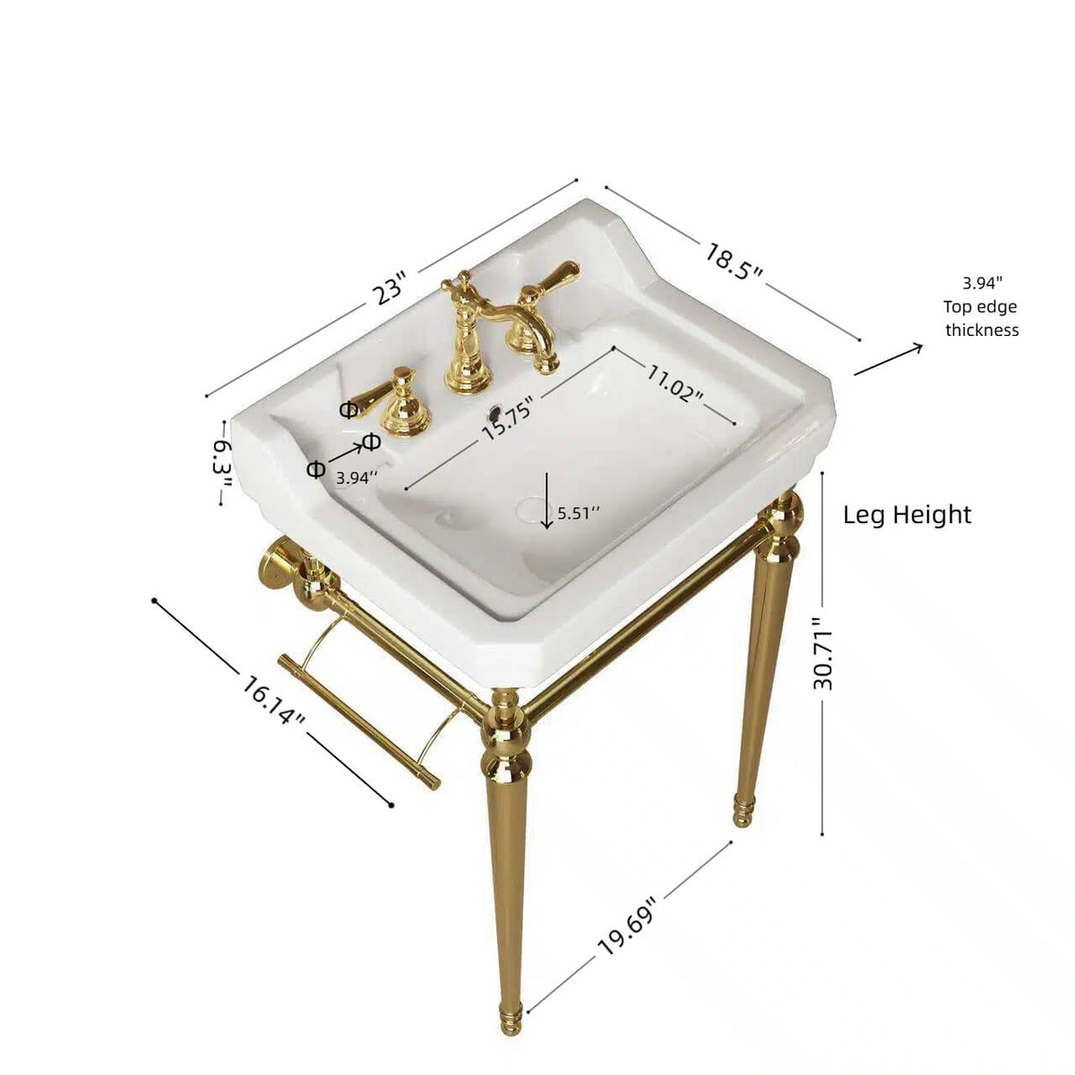 Dimension diagram of a 23-inch white ceramic console sink with gold legs, showing sink width, depth, basin measurements and leg height.