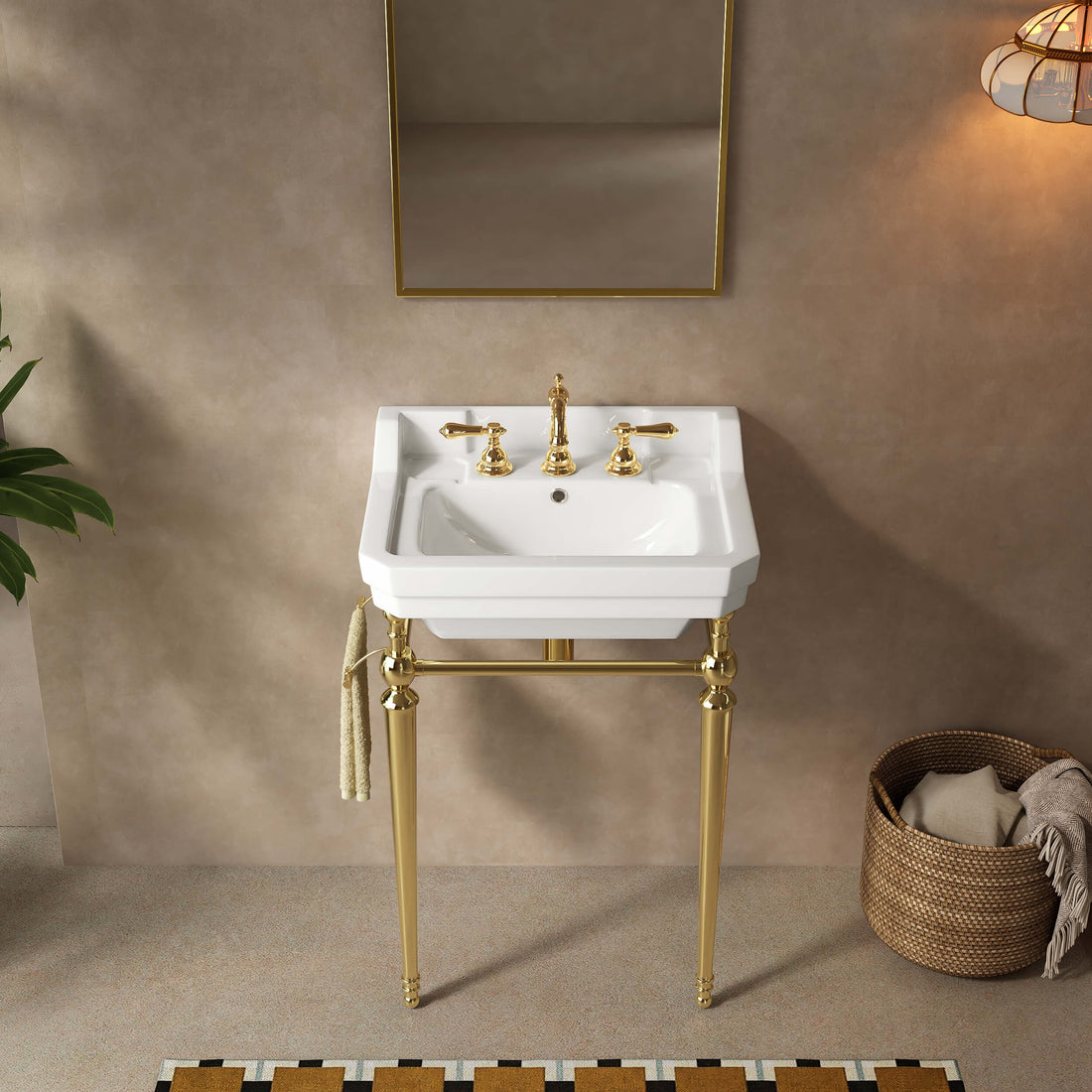 Front bathroom view of a 23-inch white ceramic console sink with gold legs and a side towel bar beneath a rectangular mirror.