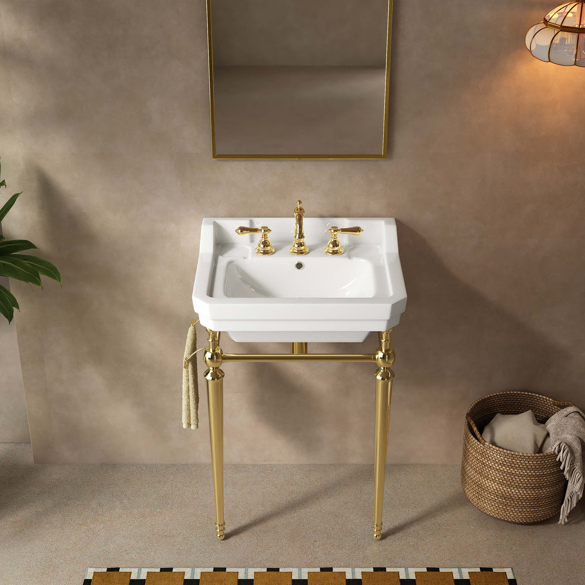 Front bathroom view of a 23-inch white ceramic console sink with gold legs and a side towel bar beneath a rectangular mirror.