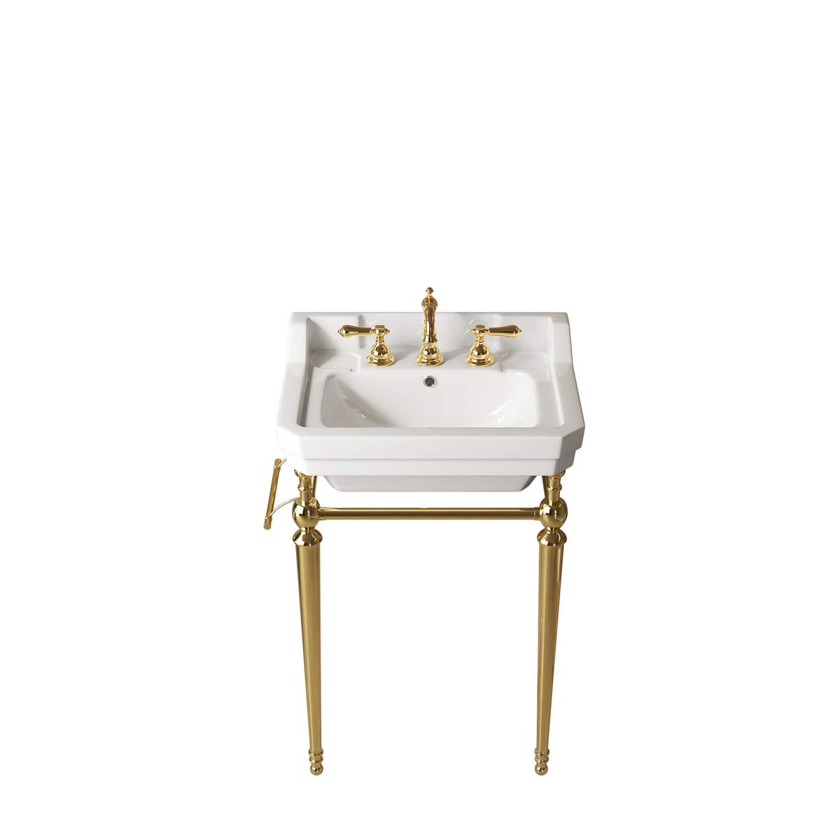 Front view of a 23-inch white ceramic console sink with gold legs and a horizontal towel bar on a white background.