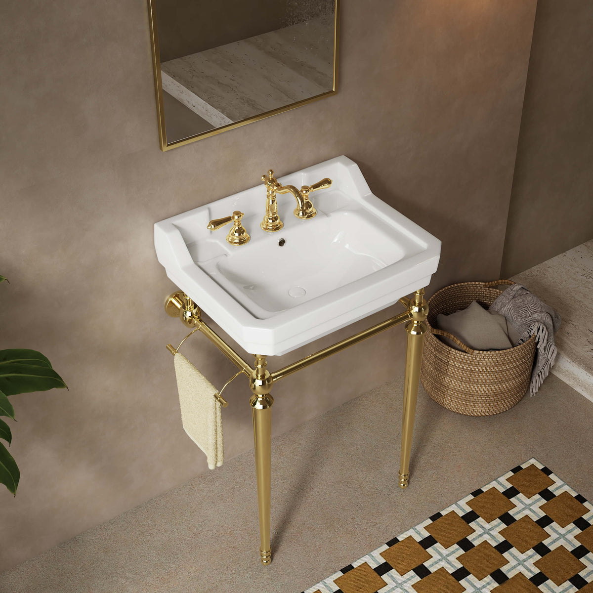 Overhead bathroom view of a 23-inch white ceramic console sink with gold legs and a side towel bar.