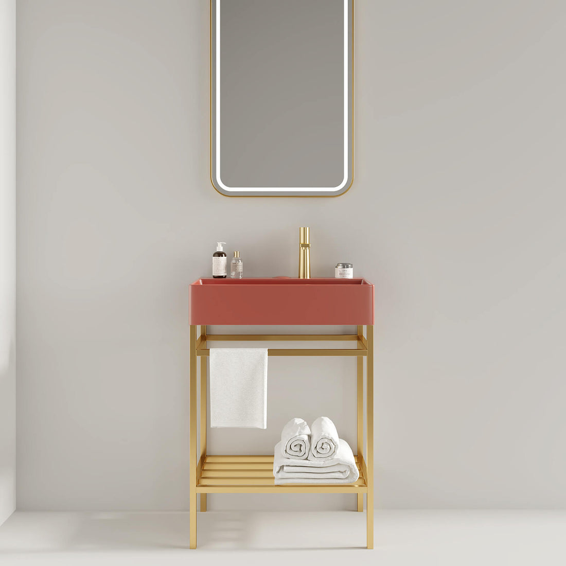 24 IN Red Console Bathroom Sink with Gold Metal Legs