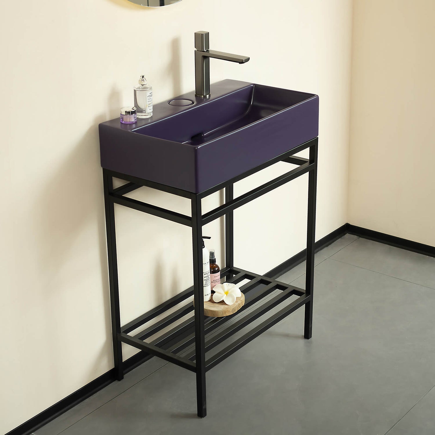 24 in Purple Console Bathroom Sink with Black Metal Legs