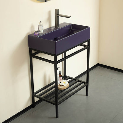 24 in Purple Console Bathroom Sink with Black Metal Legs