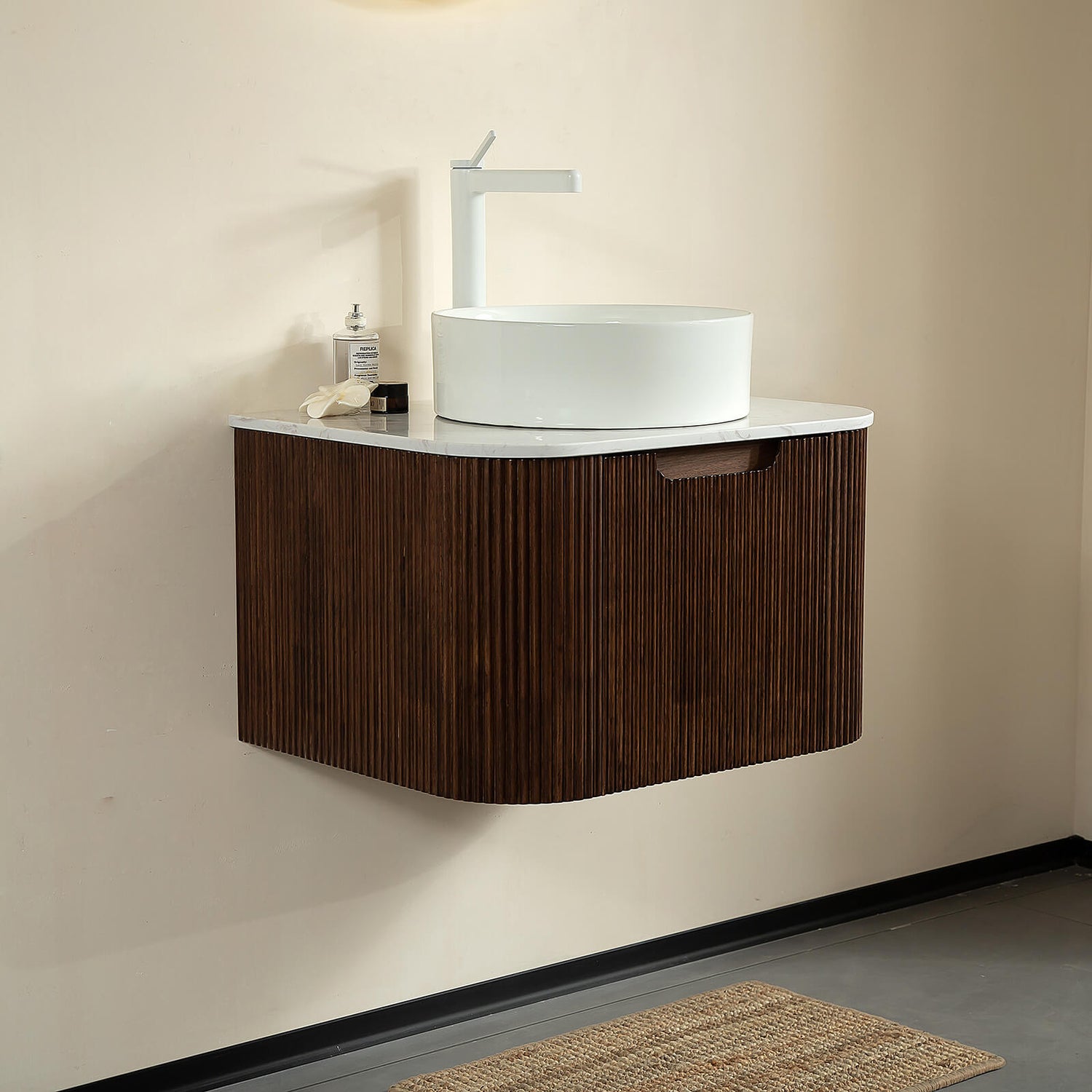 24 in Walnut Floating Vanity with Vessel Sink and Pre Drilled Faucet Hole