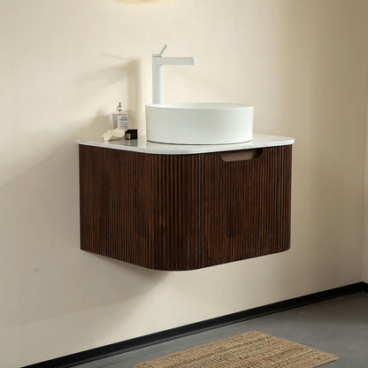 24 in Walnut Floating Vanity with Vessel Sink and Pre Drilled Faucet Hole