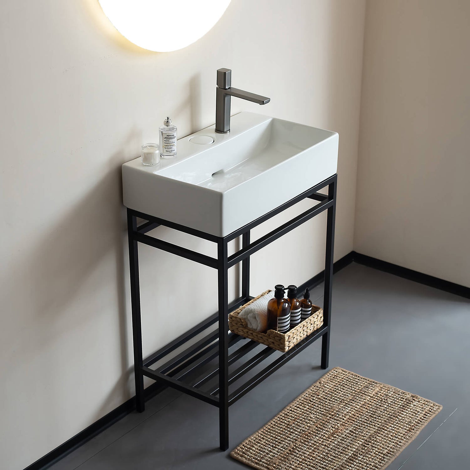 24 in White Console Bathroom Sink with Black Metal Legs