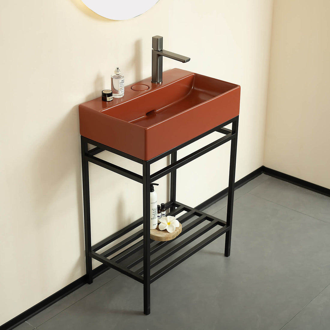 24 in red console bathroom sink with black metal legs