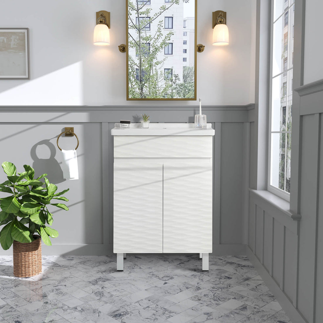 24 inch Freestanding Bathroom Vanity with Wavy Textured Panel