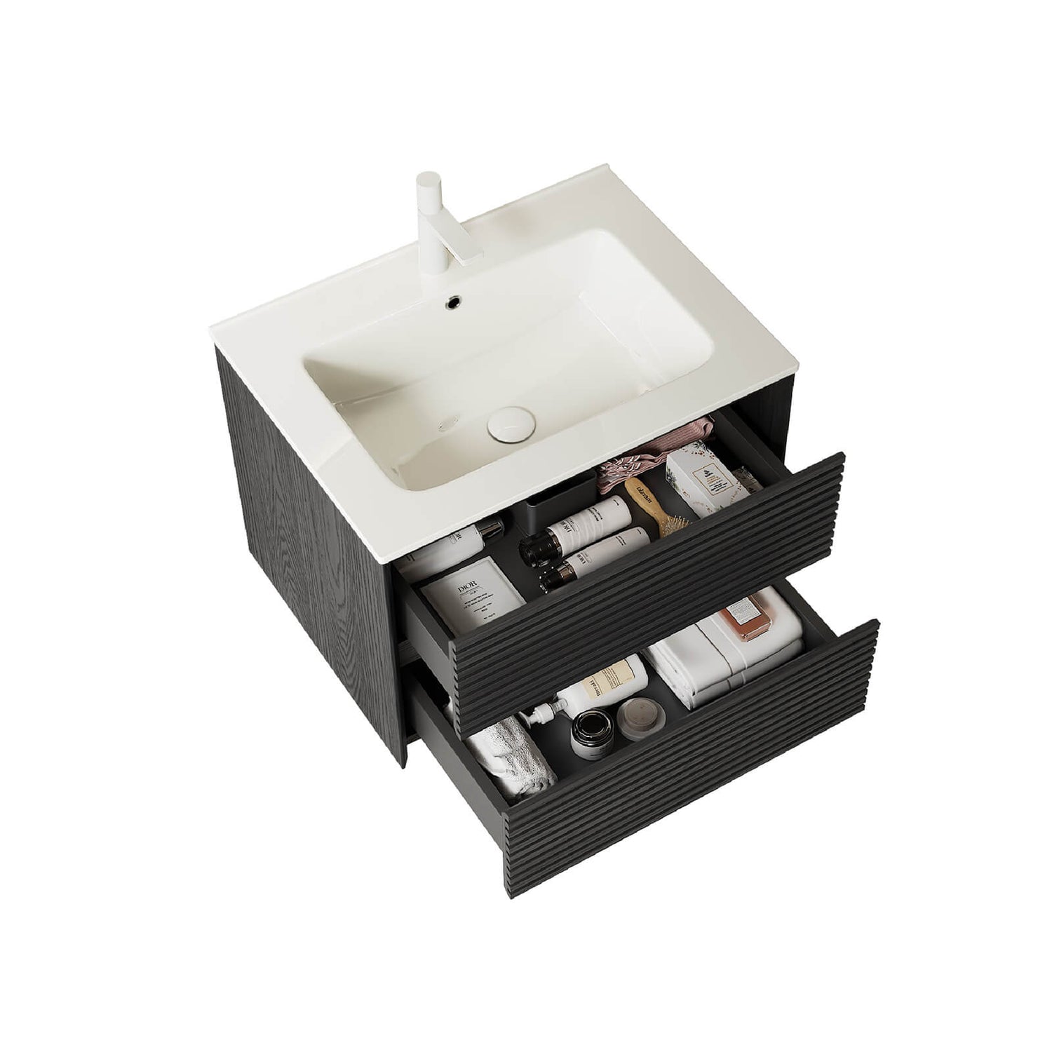 24 inch black wall mounted bathroom vanity with fluted drawers
