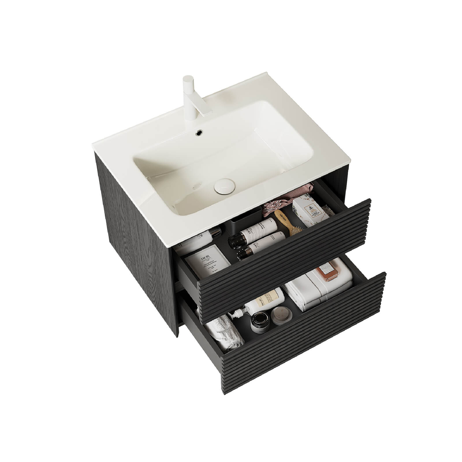 24 inch black wall mounted bathroom vanity with fluted drawers