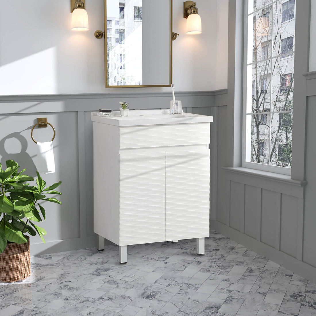 24 inch freestanding vanity with wavy cabinet front